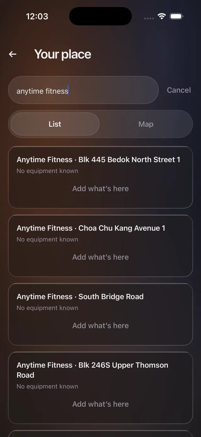 Choosing your gym in Rally: a search for Anytime Fitness returning branches by street, each offering to record what equipment is there.